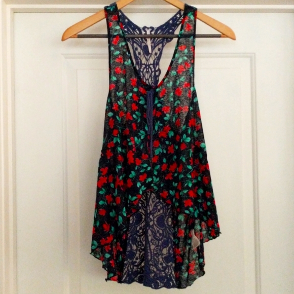 Free People Tops - Free People Floral Tie Front Open Lace Back Tank Size Small
